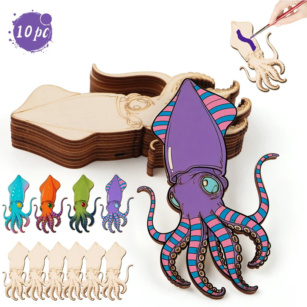 Art Craft Us - 10 Stück/Set Unfertige Holz-Oktopus-Tierfiguren Holzhandwerk-Set für